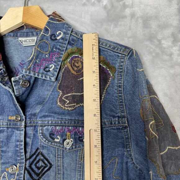 Chico's Jacket Womens 1 Medium Blue Denim Embroidered Applique Boho Mixed Media - Picture 7 of 10